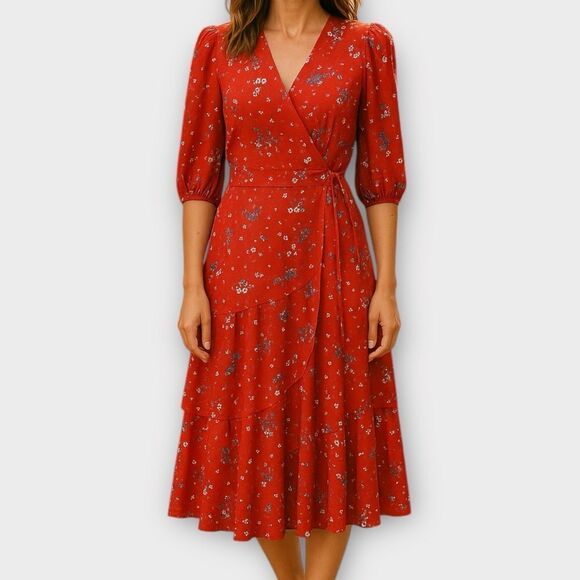 CHELSEA28 Floral Dot Print Tiered Wrap Dress in Dusty Red SZ 6 - Picture 1 of 10